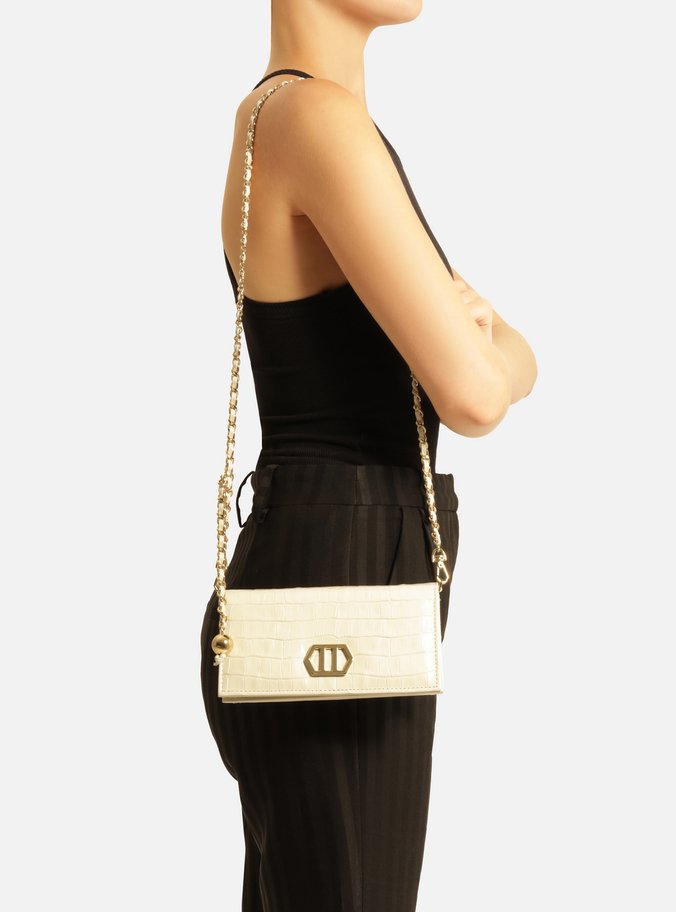 Clutch Branca Couro Croco Pequena Metal