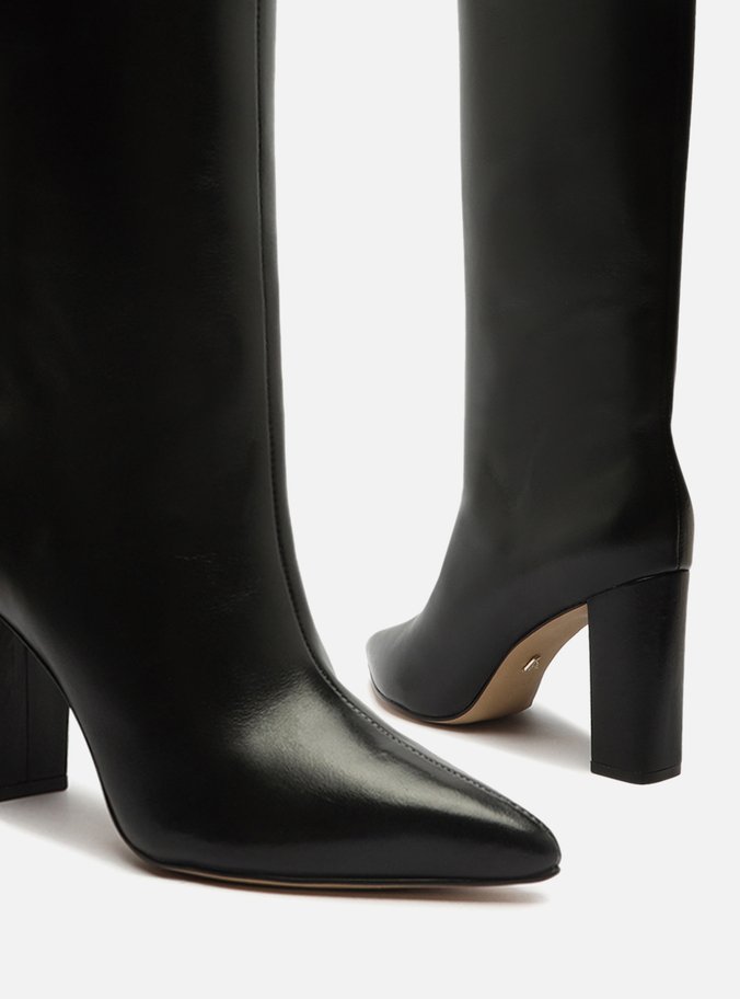 Bota Preta Couro Cano Longo Salto Alto