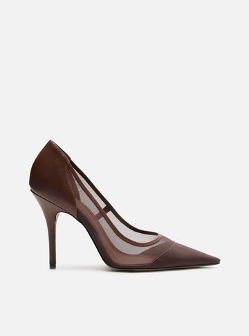 Scarpin Marrom Tela Salto Fino Detalhe Couro