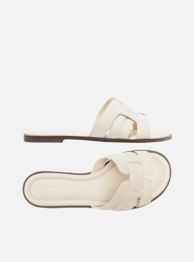 Rasteira Branca Couro Flat Tira Vazada Puffer