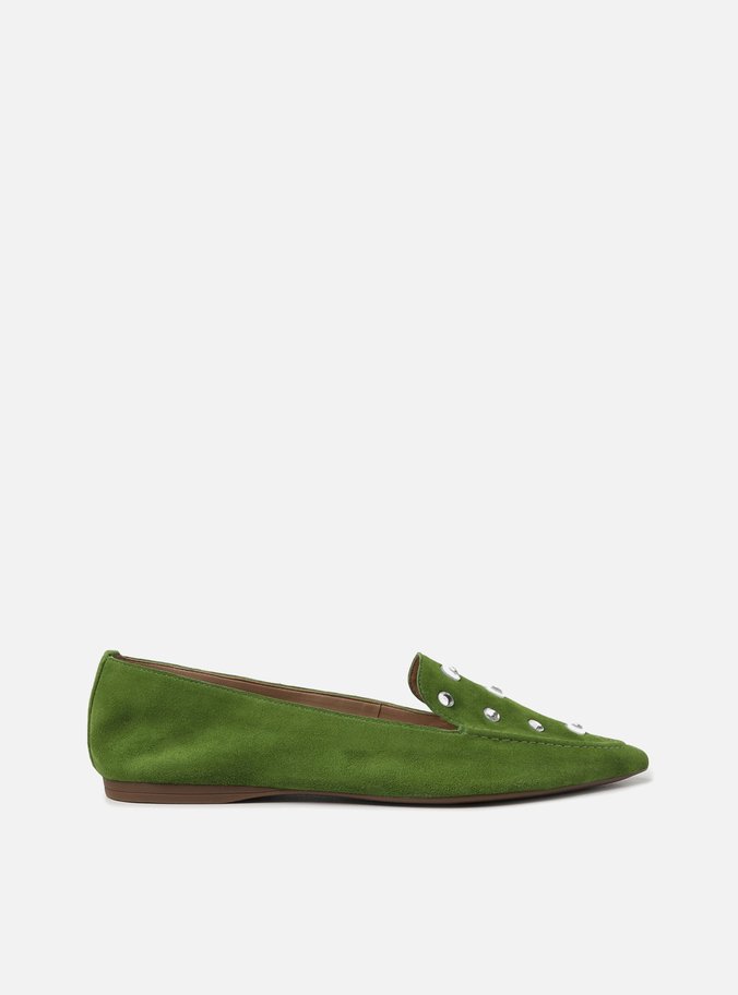 Mocassim Verde Couro Salto Rasteiro Strass