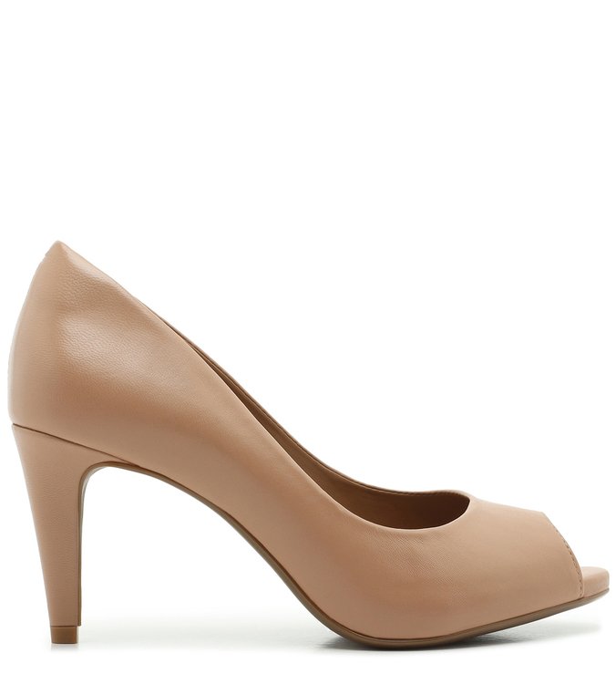 Scarpin Bege Couro Peep Toe  Salto Médio