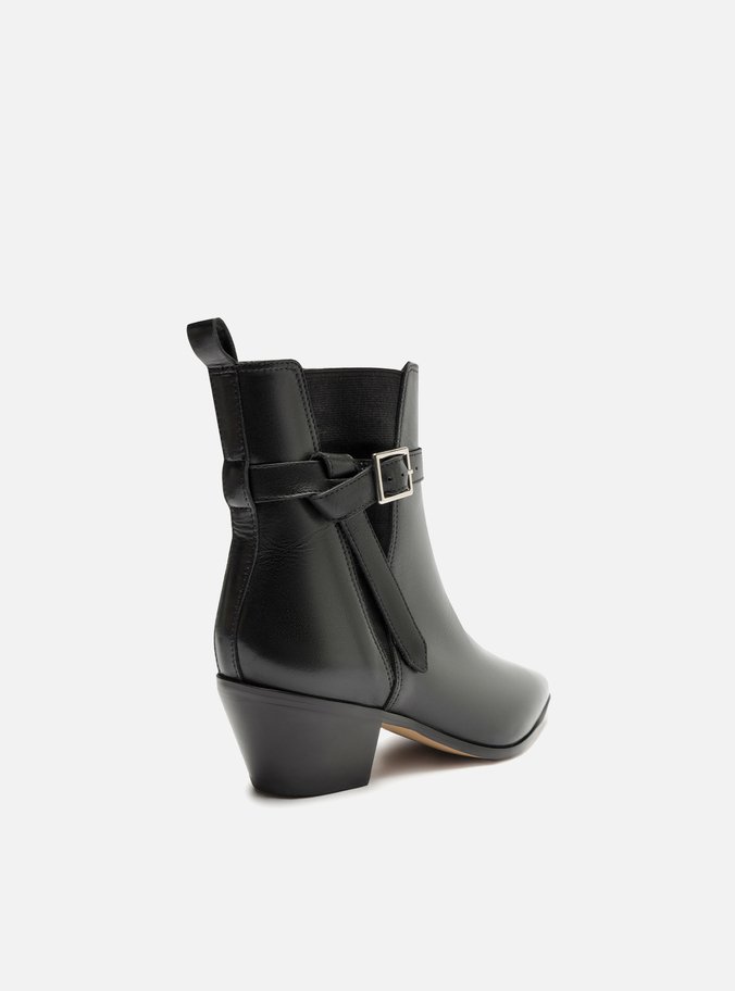 Bota Preta Couro Cano Curto Bico Fino Elástico