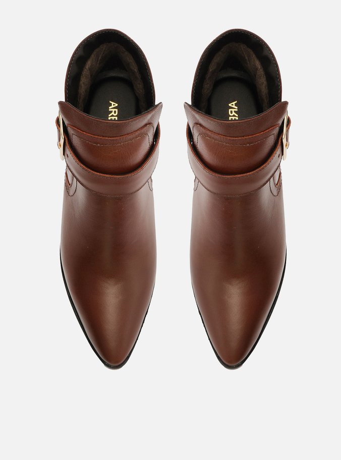 Bota Marrom Escuro Couro Cano Curto Bico Fino Fivela