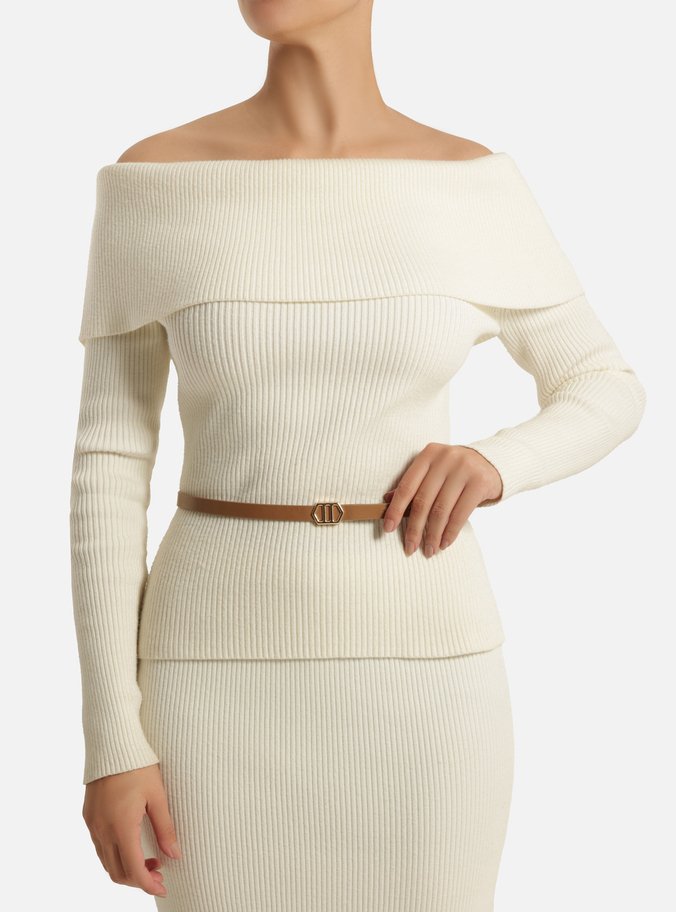 Cinto Caramelo Couro Fino Fivela Hexagonal