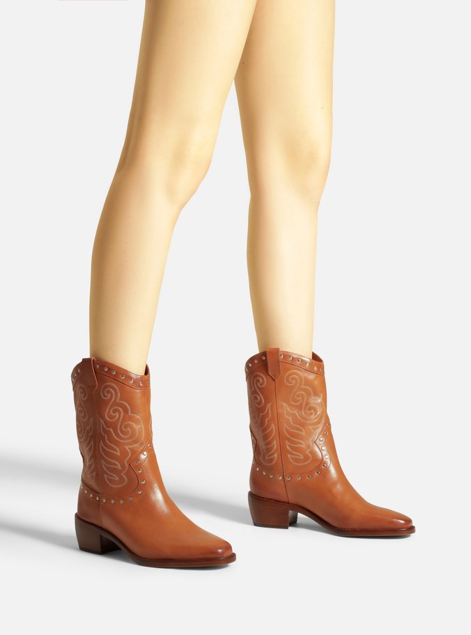 Bota Marrom Couro Cano Médio Bordado Western