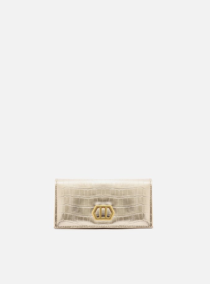 Clutch Dourada Couro Croco Pequena Metal