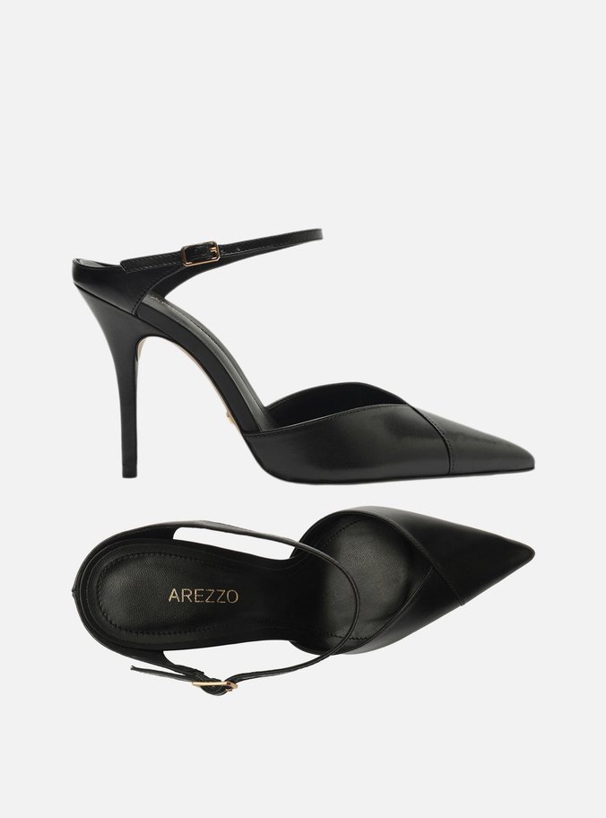 Mule Preta Couro Salto Alto Tira Instep