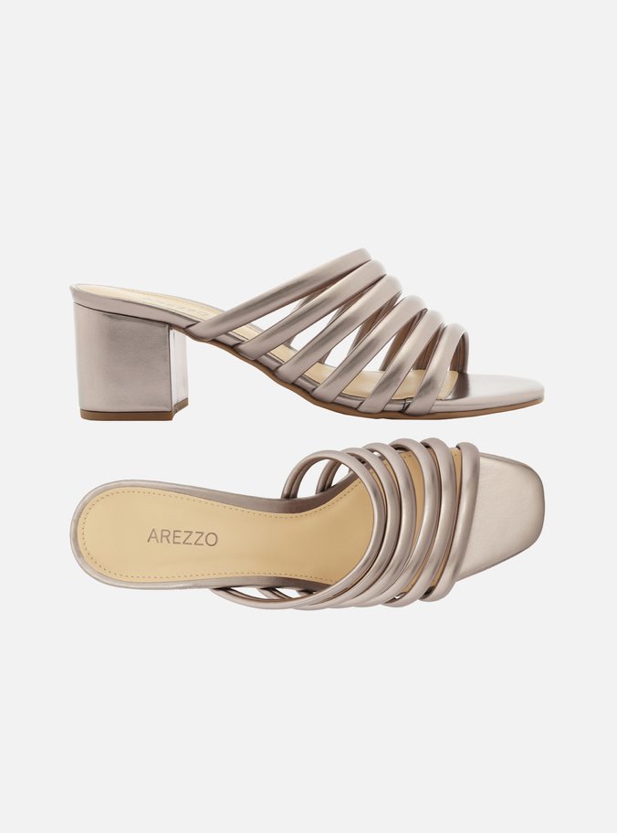 Mule Prata Salto Bloco Multi Tiras