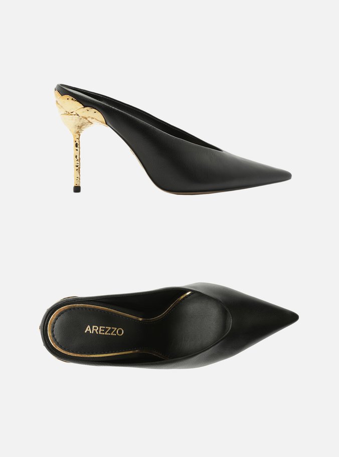 Mule Preta Couro Salto Fino Dourado Aberto
