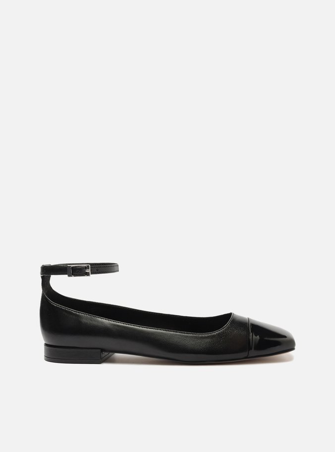 Sapatilha Boneca Preta Couro Cap Toe Fivela