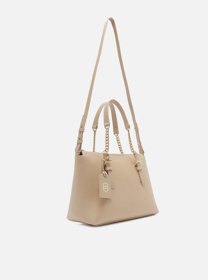 Bolsa Tote Bege Couro Grande Alça Corrente