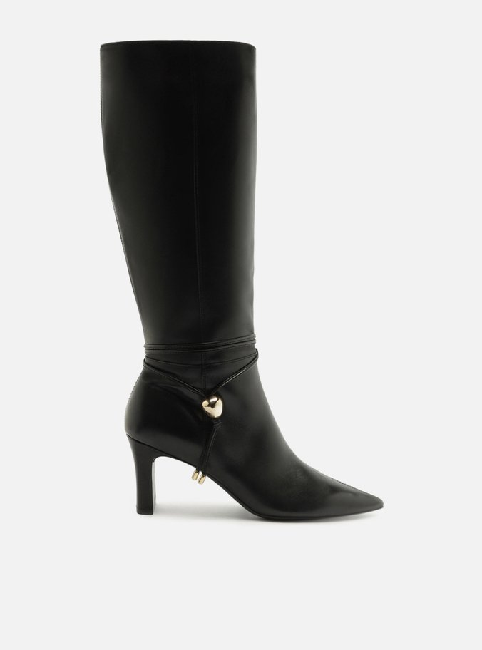 Bota Preta Couro Cano Longo Salto Bloco