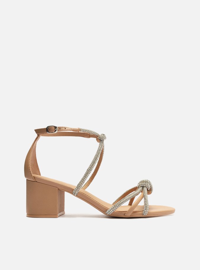 Sandália Nude Salto Bloco Strass