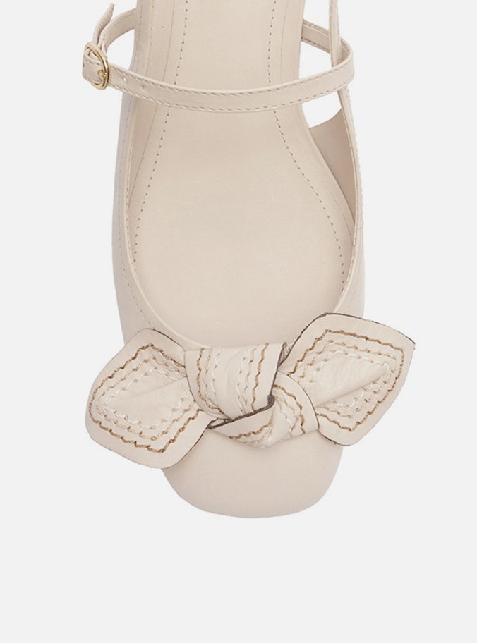 Sapato Boneca Branco Couro Bloco Laço Pesponto