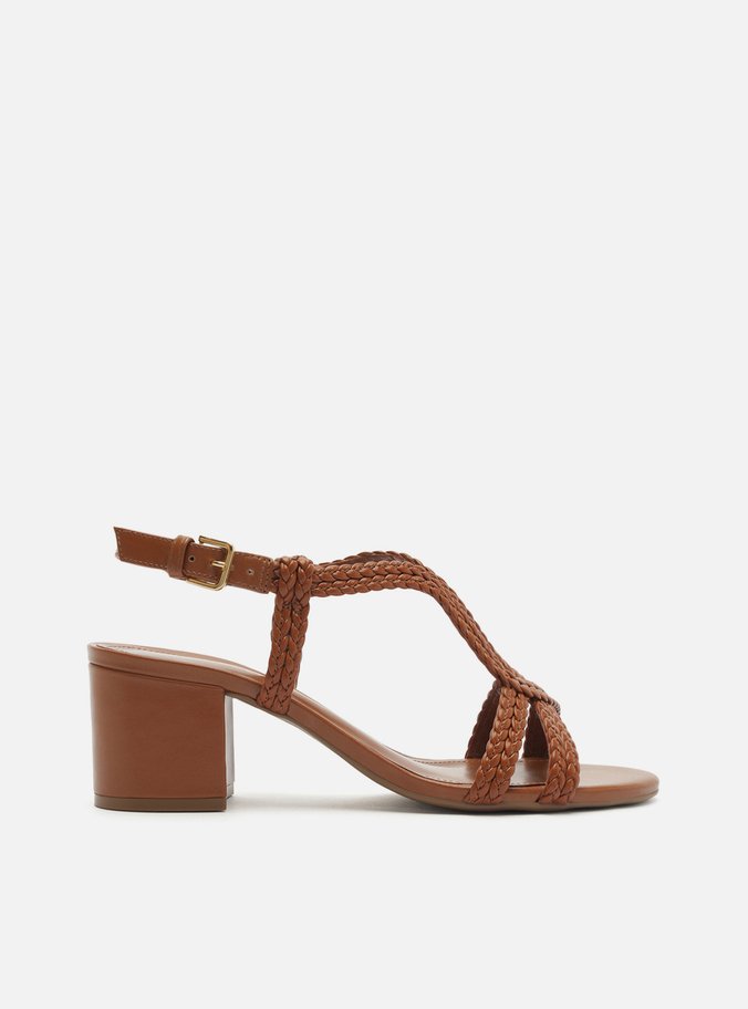 Sandália Marrom Salto Médio Bloco Tiras Trançadas