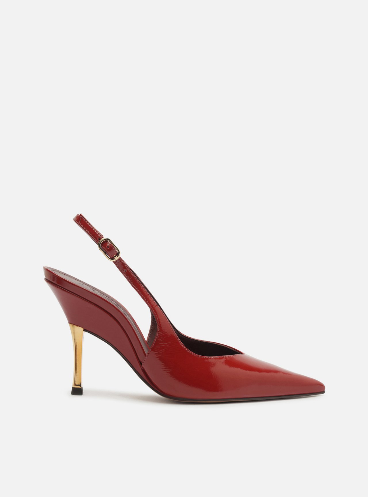 Scarpin Vermelho Couro Slingback Salto Alto Dourado — foto 1