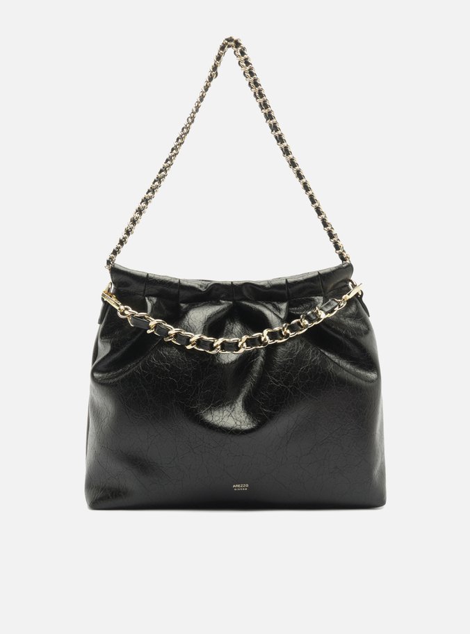 Bolsa Hobo Preta Envernizada Grande Corrente