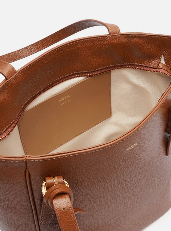 Bolsa Tote Marrom Couro Média Metal Flor