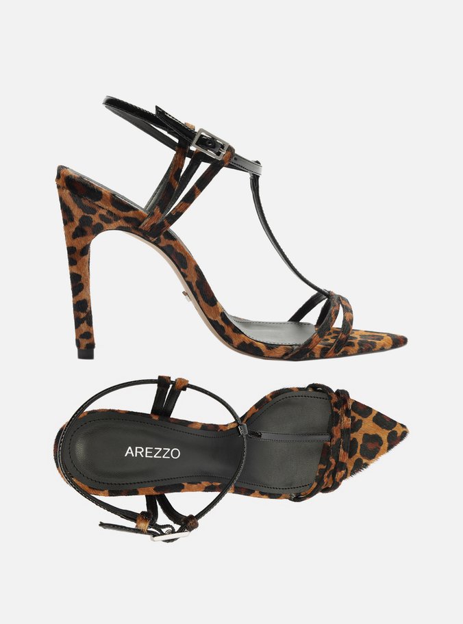 Sandália Animal Print Salto Fino Bico Folha