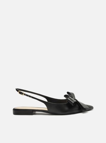 Sapatilha Preta Couro Slingback Laço Lateral