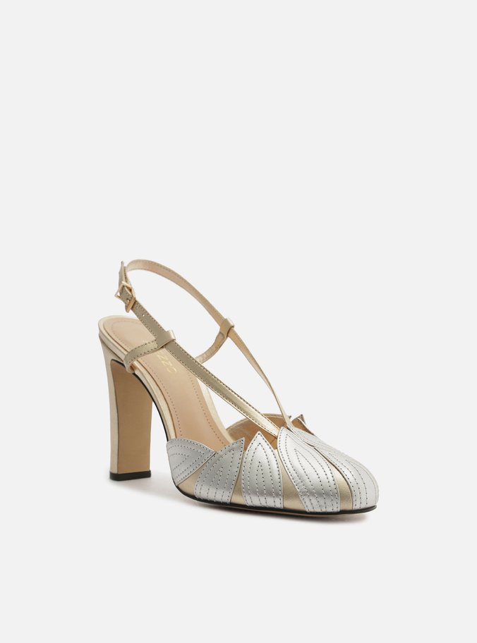 Scarpin Dourado Couro Salto Médio Folhas Prata