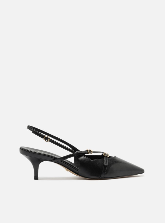 Scarpin Preto Couro Salto Médio Slingback Amélia