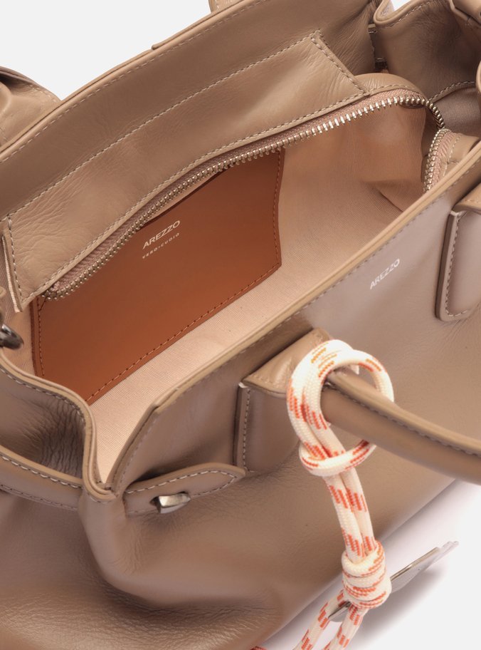 Bolsa Tote Cinza Couro Média Bag Charm Metal