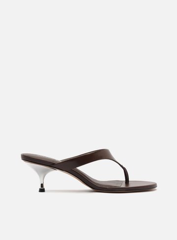 Sandália Marrom Couro Salto Kitten Prata Tira Thong