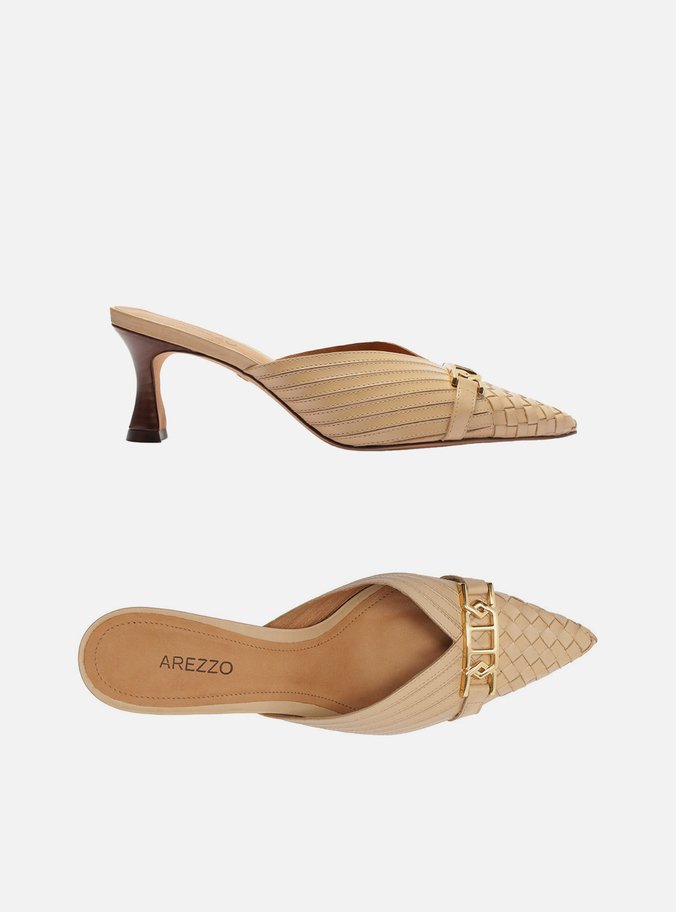 Mule Nude Couro Bico Fino Slingback Metal