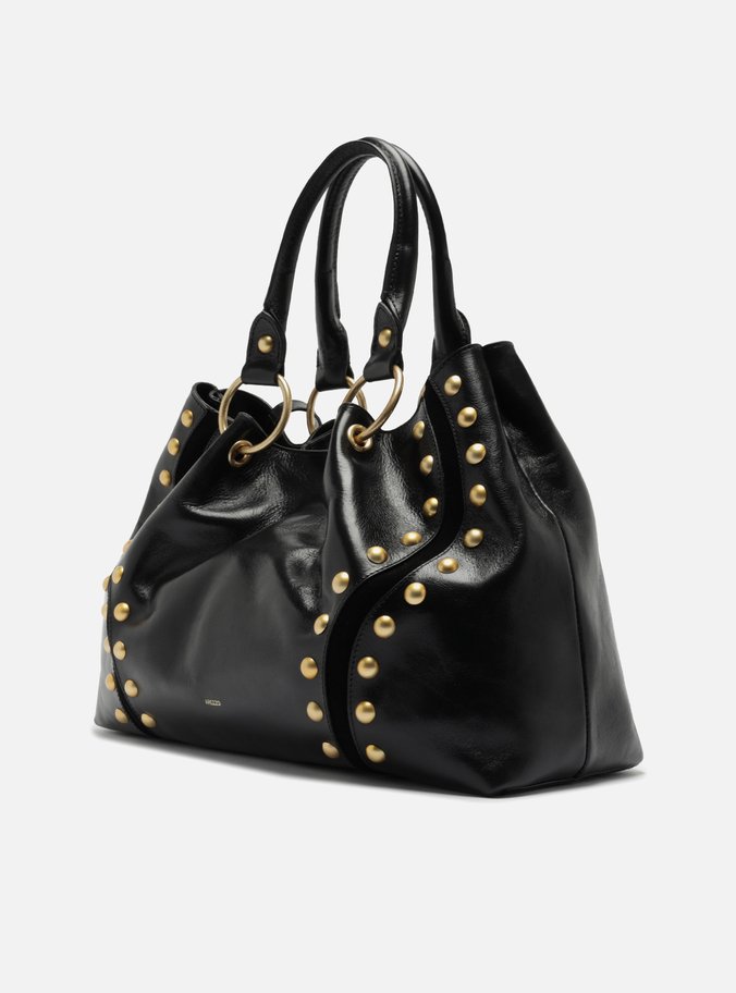 Bolsa Tote Preta Couro Grande Rebites