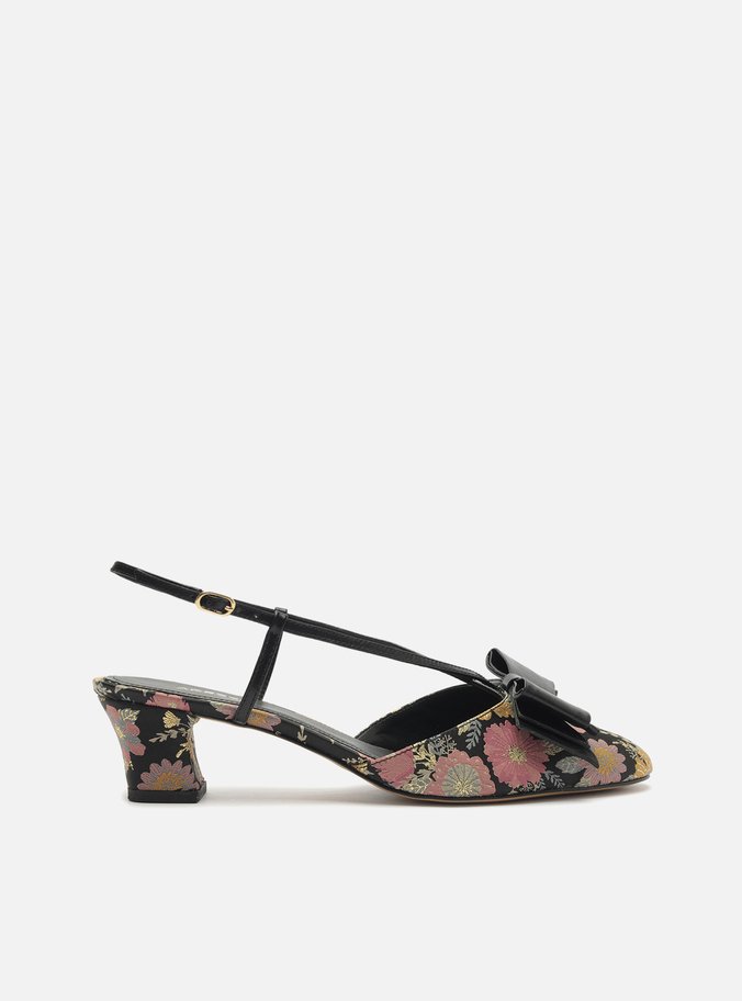 Scarpin Preto Estampa Salto Baixo Slingback Laço