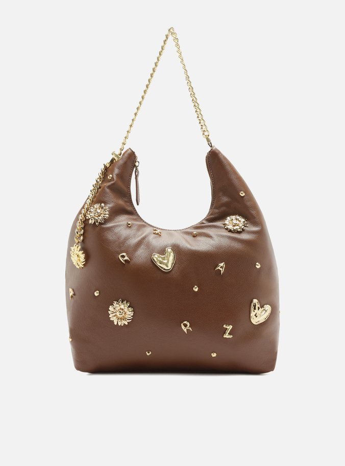 Bolsa Hobo Marrom Couro Grande Metais Fun