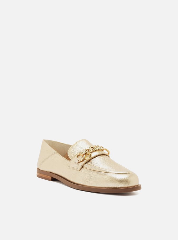 Mocassim Dourado Couro Corrente Pingente
