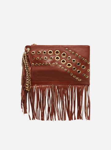 Clutch Laranja Couro Média Franjas Ilhoses