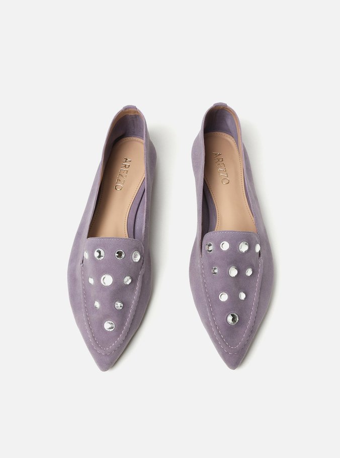 Mocassim Roxo Couro Salto Rasteiro Strass