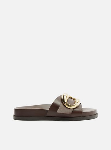 Arezzo — Sandália Papete Marrom Couro Flatform Metais Dourados
