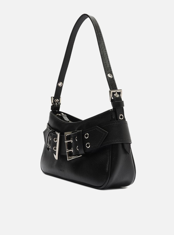 Bolsa Tiracolo Preta Couro Média Fivelas