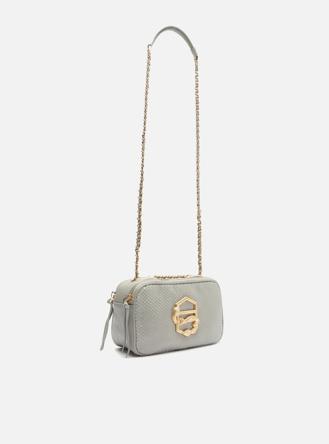 Bolsa Tiracolo Cinza Couro Snake Pequena Zíper