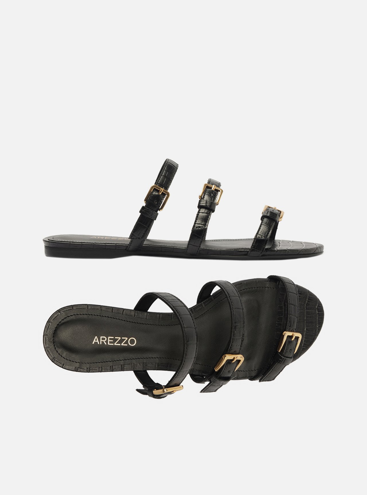 Rasteira Preta Croco Tiras Fivelas — foto 6