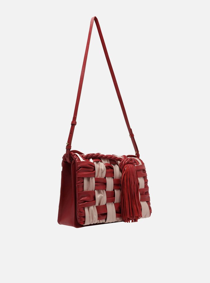 Bolsa Tiracolo Vermelha Couro Grande Tressê Bicolor