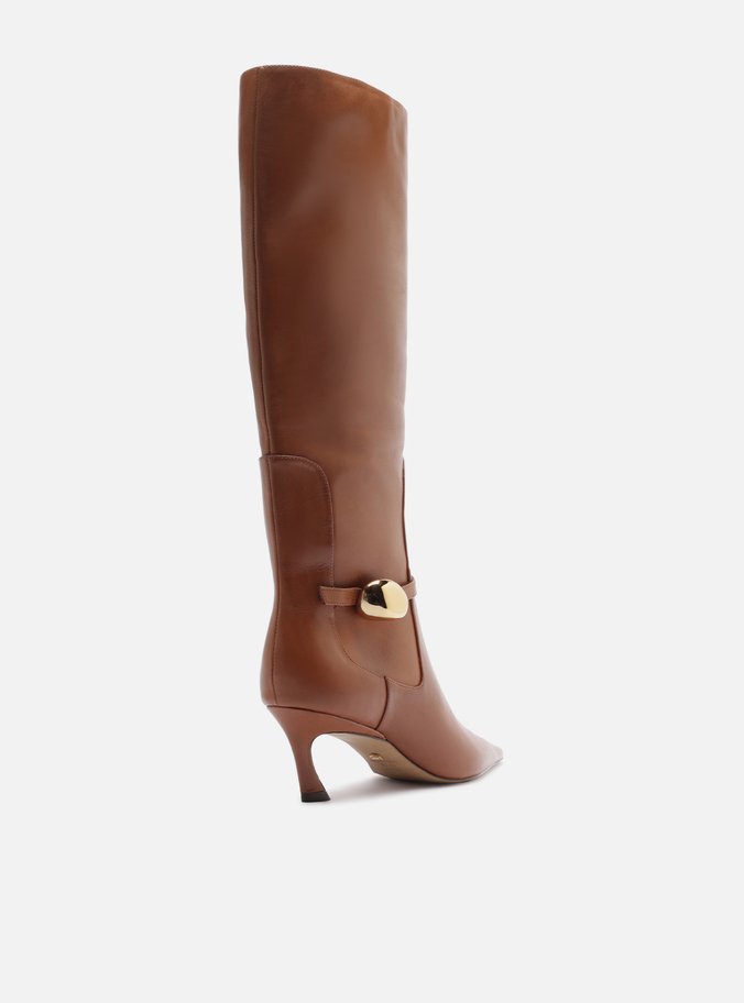 Bota Marrom Couro Salto Baixo Cano Longo Metal