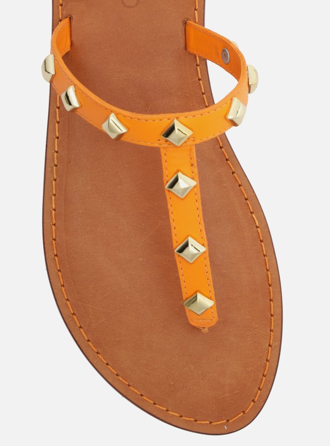 Sandália Rasteira Laranja Couro Slim Studs Ella