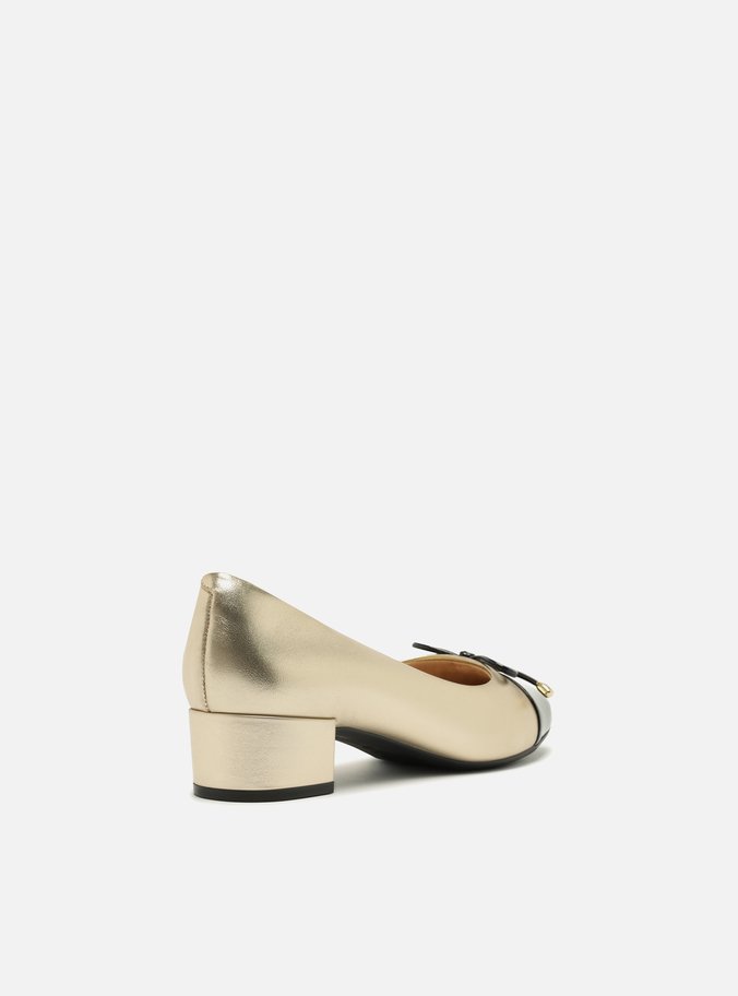 Scarpin Multineutro Dourado Couro Salto Baixo Laço Soft