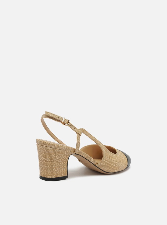 Scarpin Bege Palha Bico Redondo Cap Toe Preto