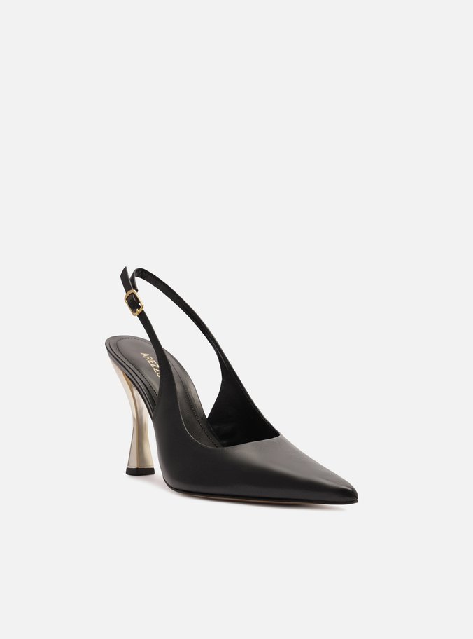 Scarpin Preto Couro Salto Alto Slingback
