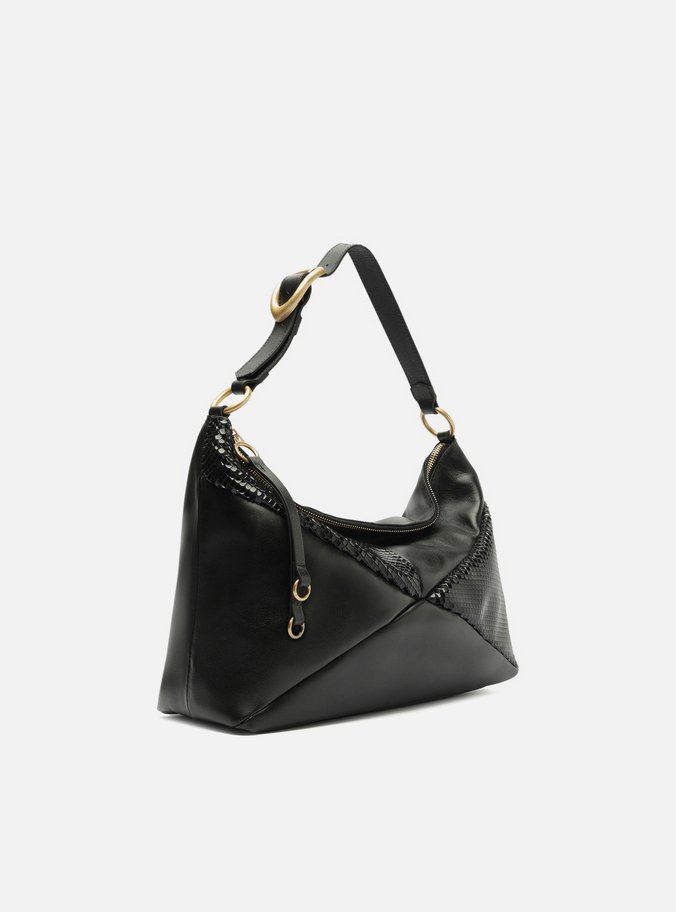 Bolsa Hobo Preta Couro Média Texturizada