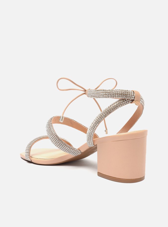 Sandália Nude Bloco Bico Quadrado Strass