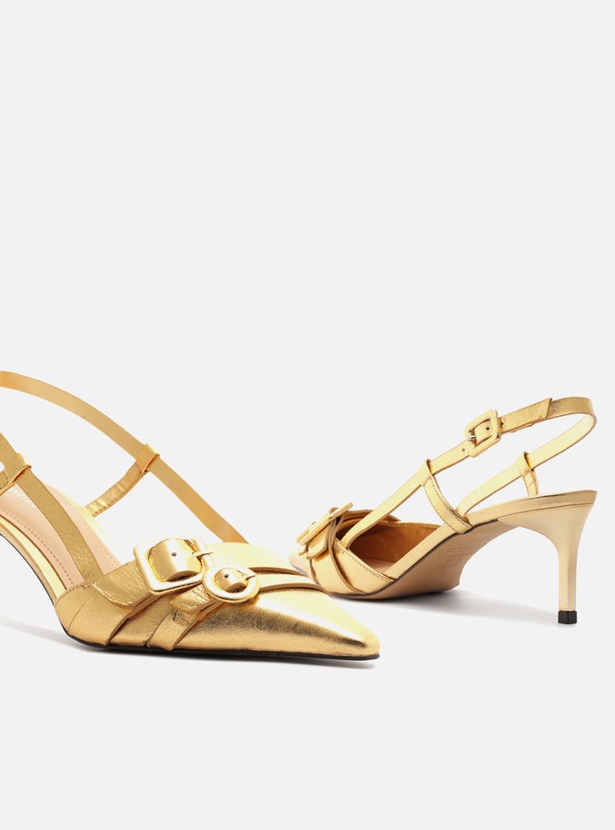 Scarpin Dourado Couro Salto Baixo Slingback