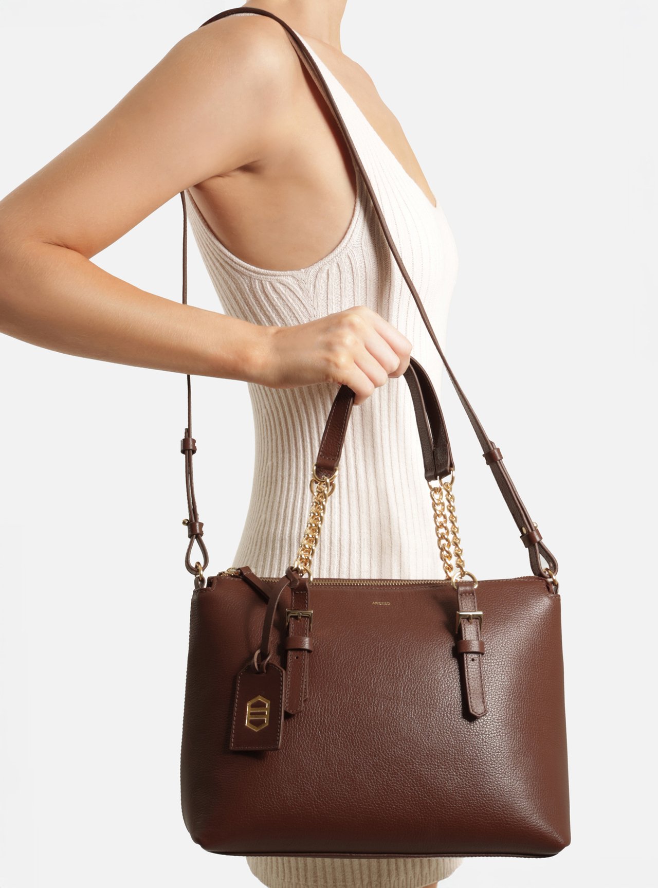 Bolsa Tote Marrom Couro Grande Alça Corrente